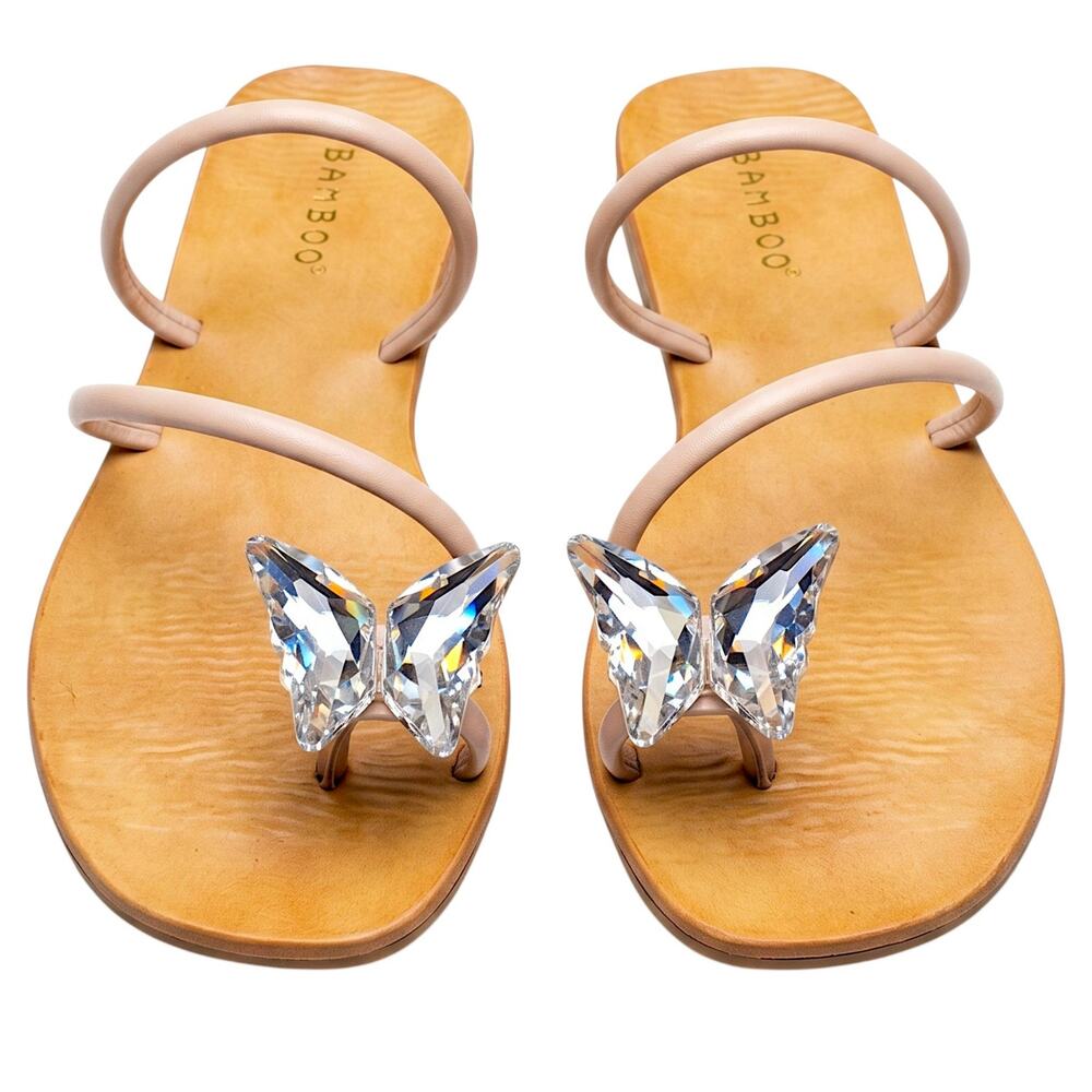 Butterfly Crystal Thong Sandals Size 6 Nude Flat Bamboo NWOB